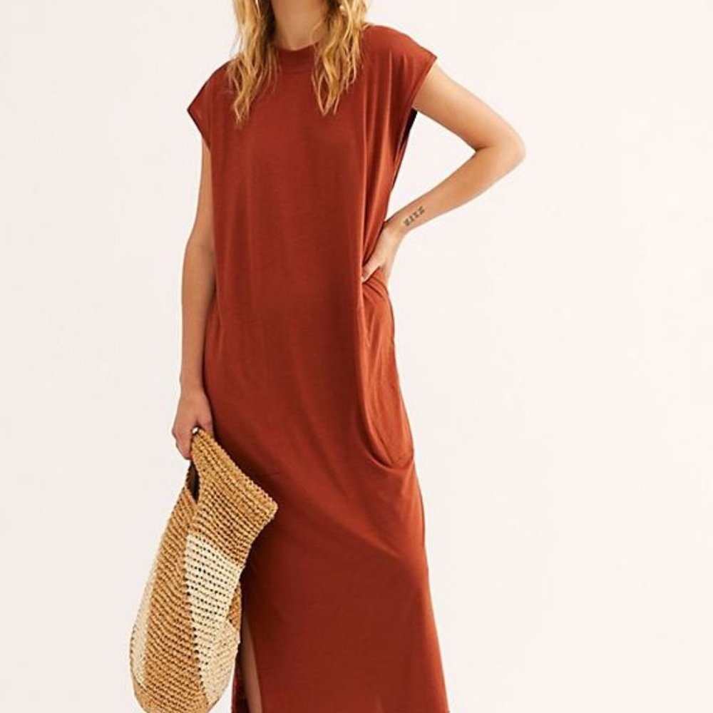 Free People Cotton All Day Long Midi T-Shirt Dress - Rust